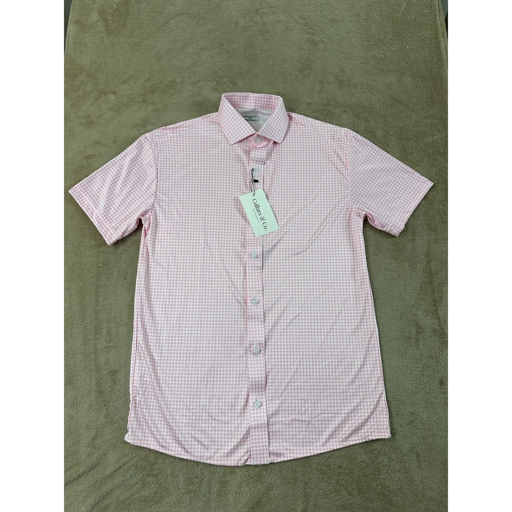 Collars & Co. POLO Shirt Men S Pink Gingham Plaid 4-way Stretch Wicking S/S New